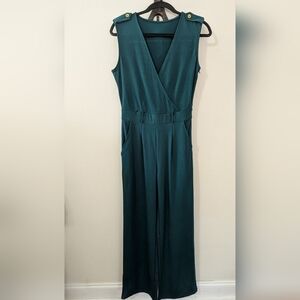 Emerald Green Wide-Leg Jumpsuit V-Neck Gold Details Sleeveless Women's Size M